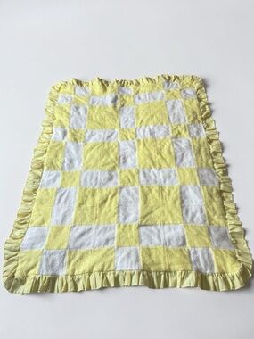 Yellow Gingham Baby Blanket 62x37 Ruffle Edge Cottagecore Throw